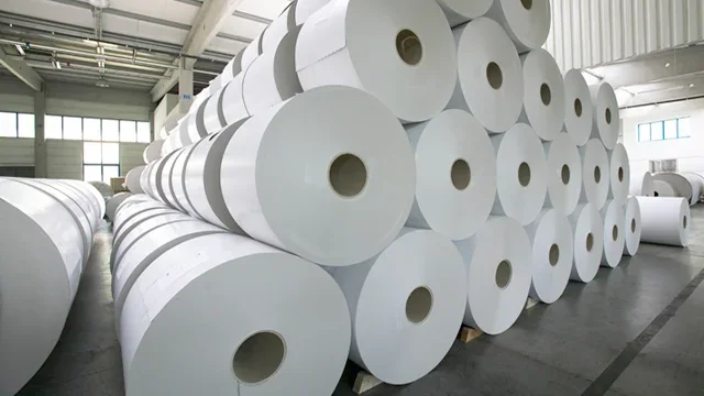 Jumbo thermal paper rolls stacked in the production warehouse