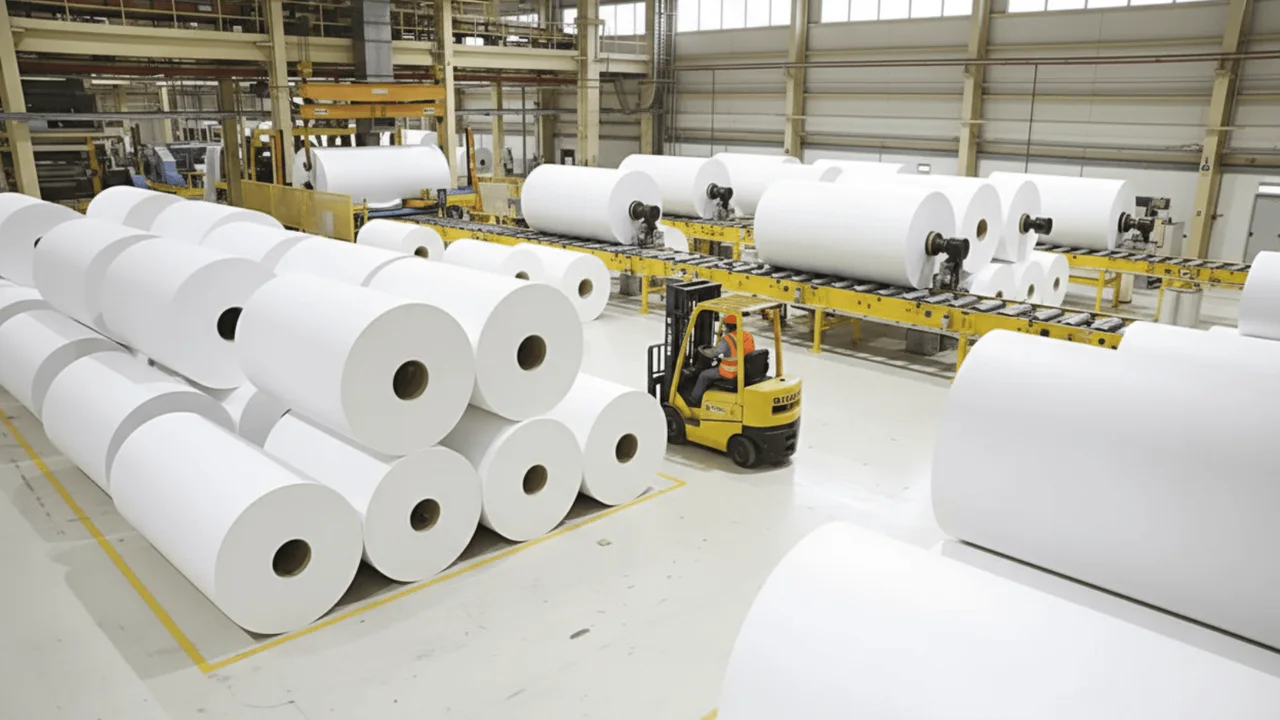 Paper roll production floor with jumbo rolls and conveyor lines